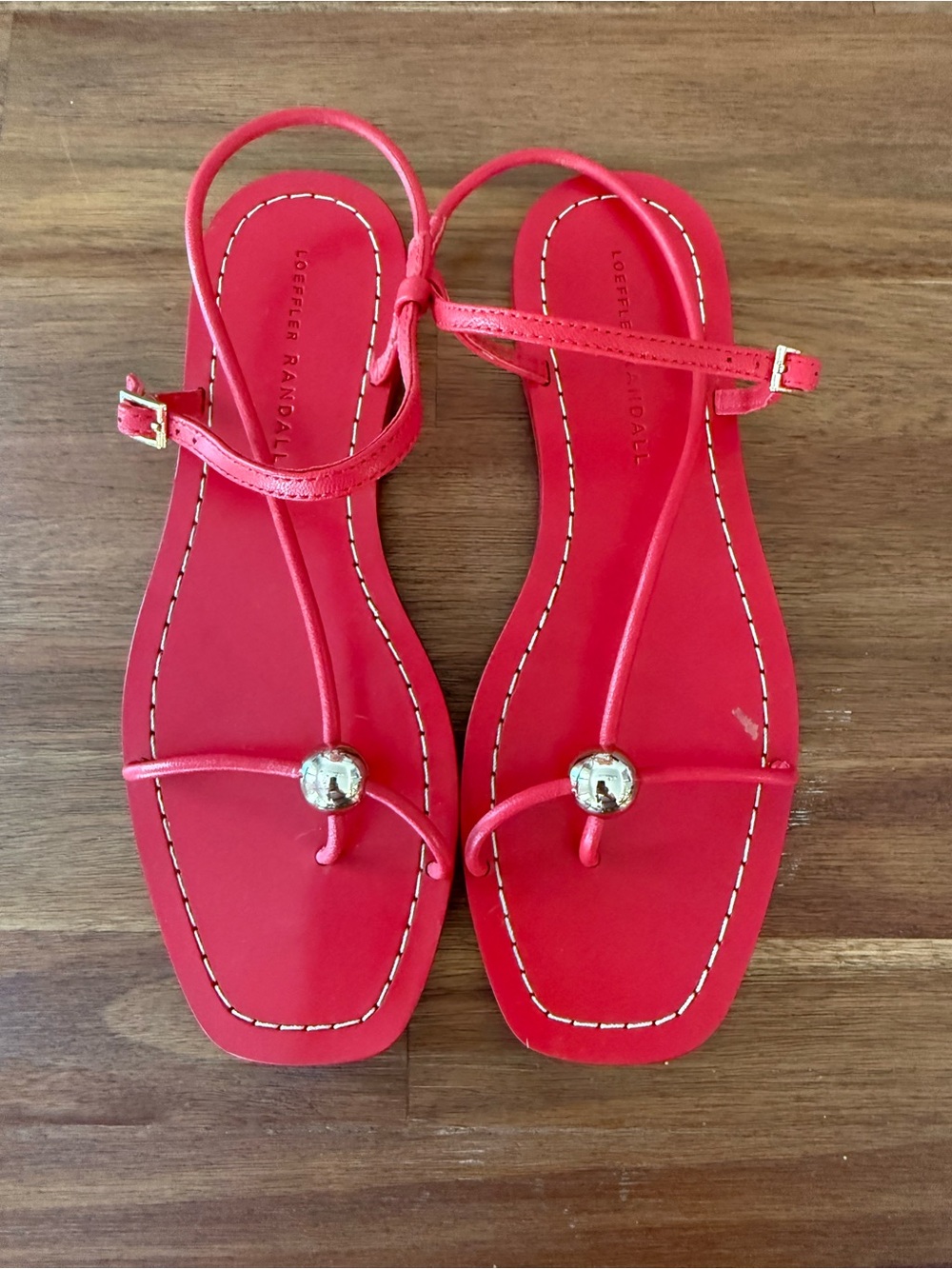 Loeffler Randall Red Leather T-Strap Sandals with Metallic Accent